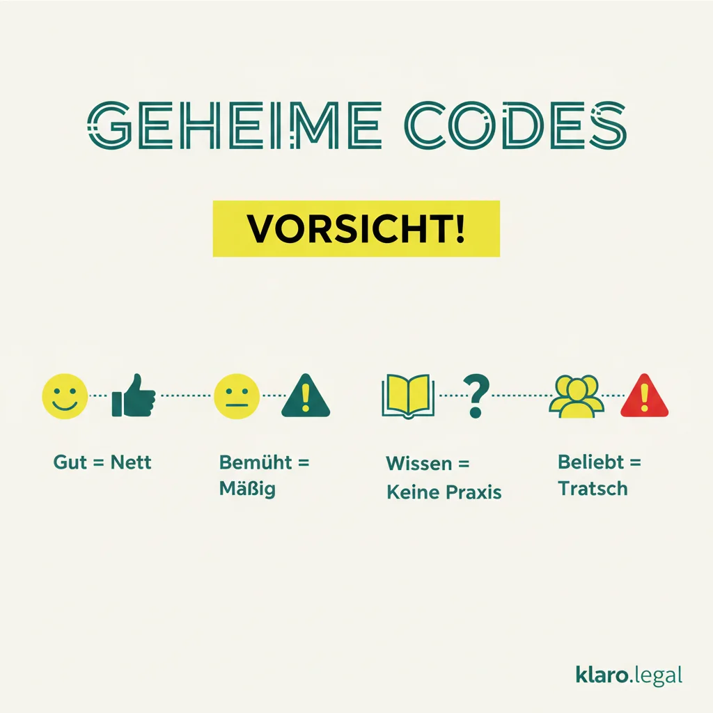 Infografik Geheime Codes: Gut=Nett, Bemüht=Mäßig, Wissen=Keine Praxis, Beliebt=Tratsch - Vorsicht!