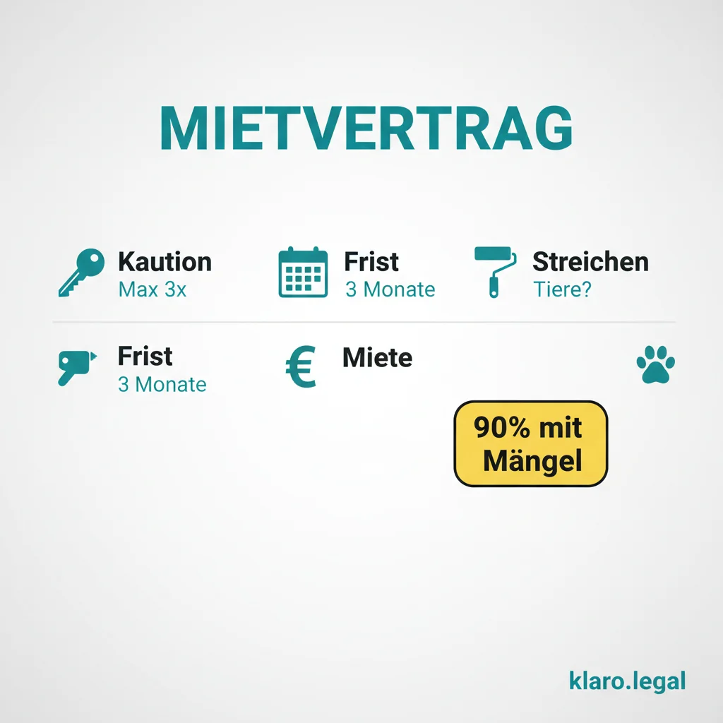 Infografik Mietvertrag: Kaution max 3x, Frist 3 Monate, Miete, Streichen, Tiere - 90% mit Mängel