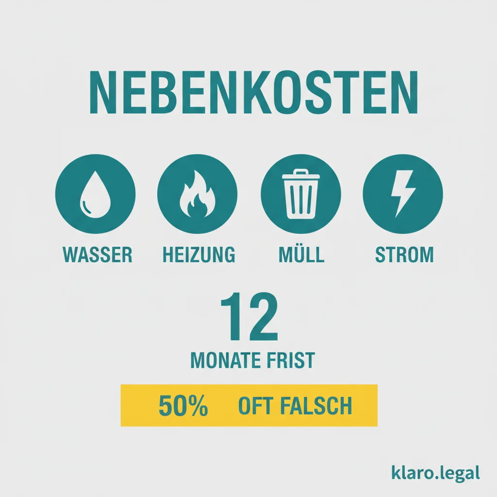 Infografik Nebenkosten: Wasser, Heizung, Müll, Strom - 12 Monate Frist - 50% oft falsch