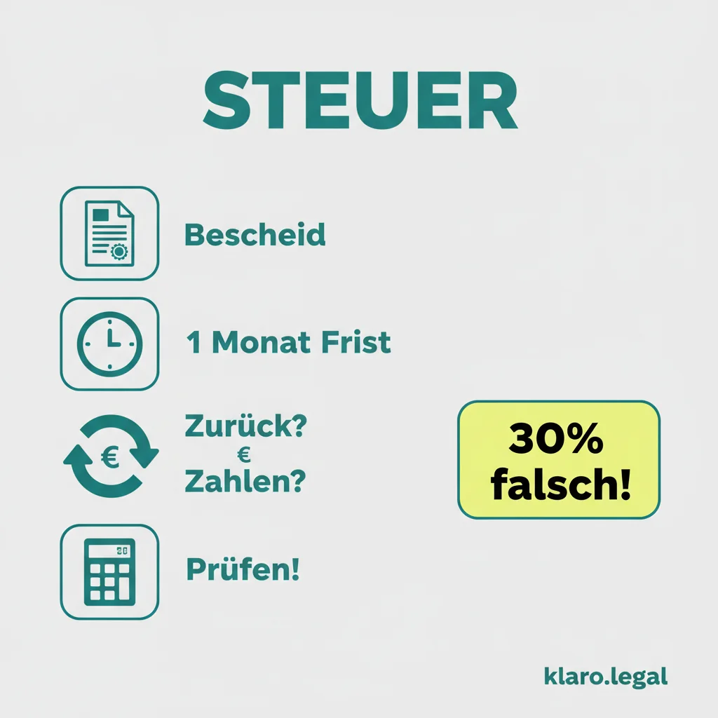 Infografik Steuer: Bescheid, 1 Monat Frist, Zurück oder Zahlen, Prüfen - 30% falsch
