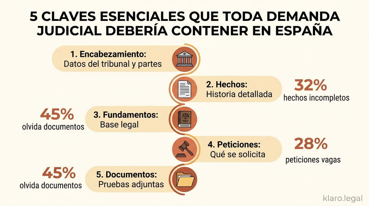 Guía visual sobre los elementos principales de una demanda judicial en España