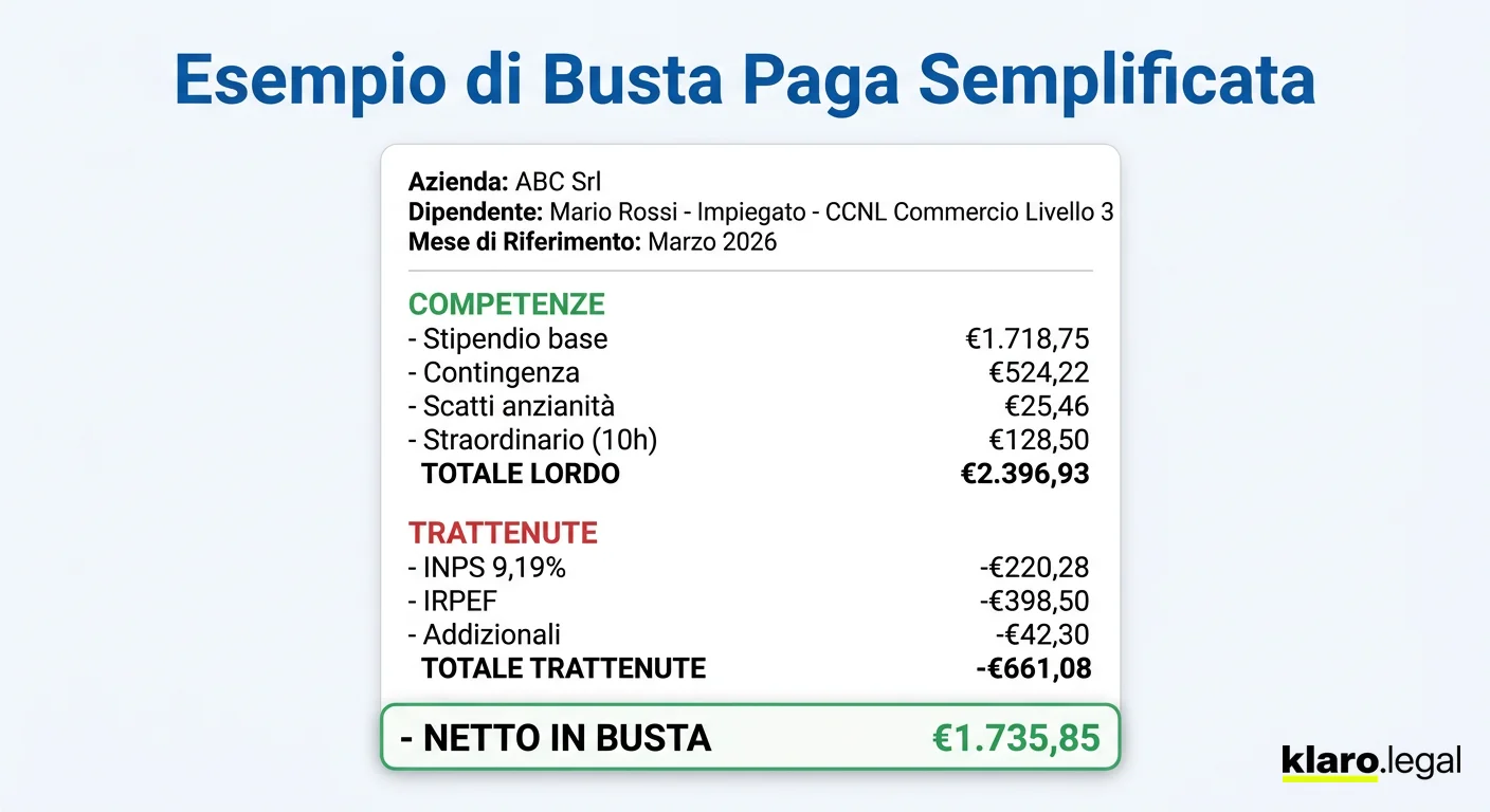 Esempio semplificato di busta paga italiana con le voci principali evidenziate